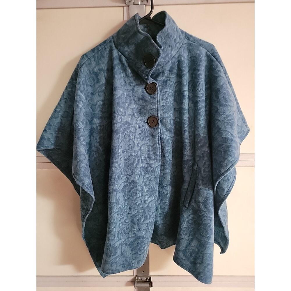 Poncho Cape Le Moda Lemoda High Collar Blue Fleece Pockets